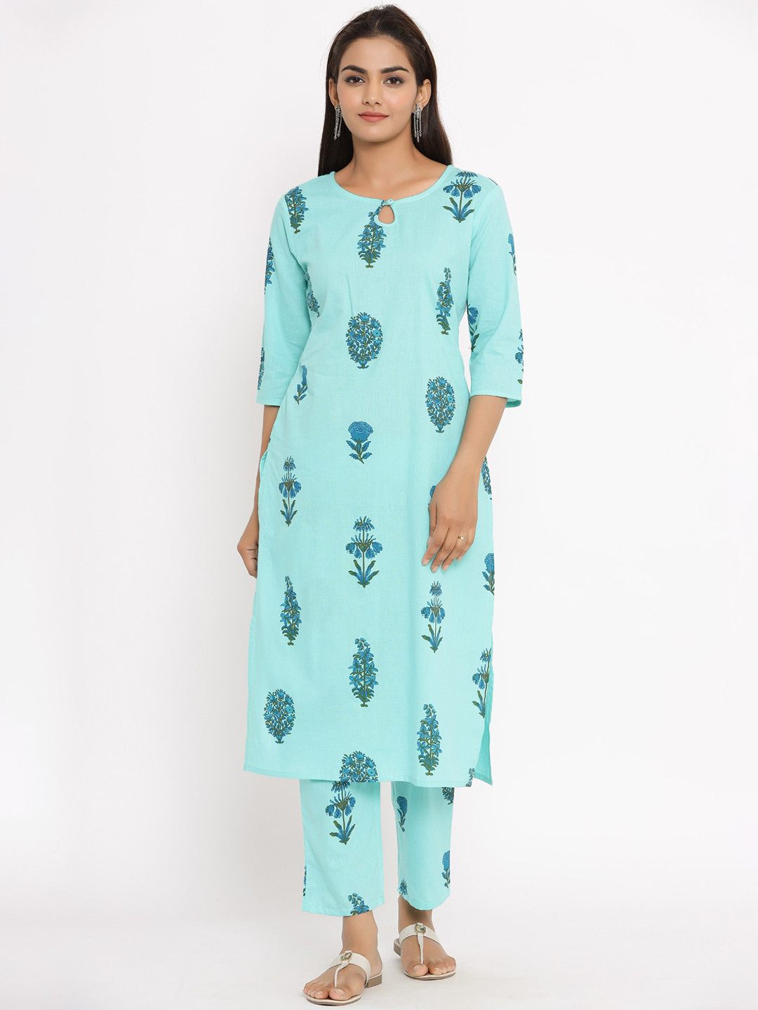 Fabriko Women Turquoise Blue Printed Kurta with Trousers