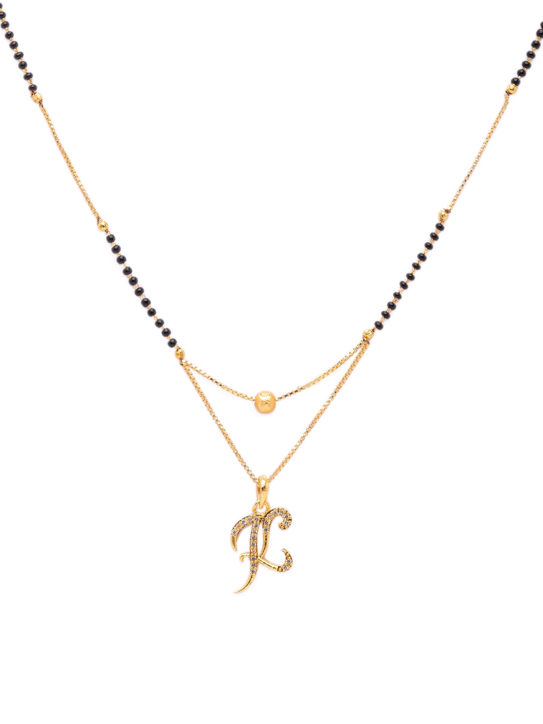 Digital Dress Room Gold-Plated Black & White Stone-Studded Beaded Alphabet K Letter Mangalsutra
