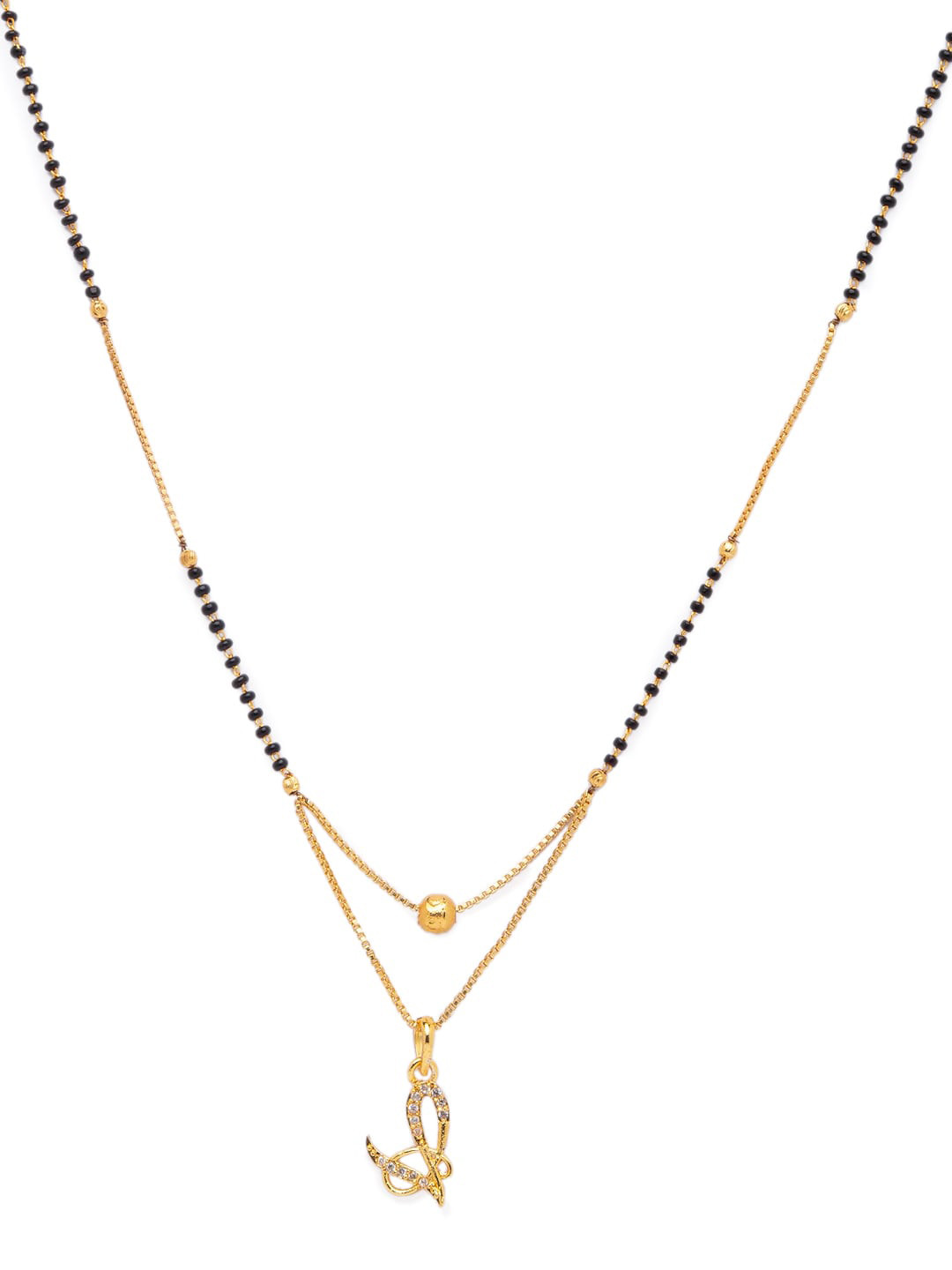 Digital Dress Room Black Gold-Plated Stone-Studded & Beaded Alphabet V Letter Mangalsutra