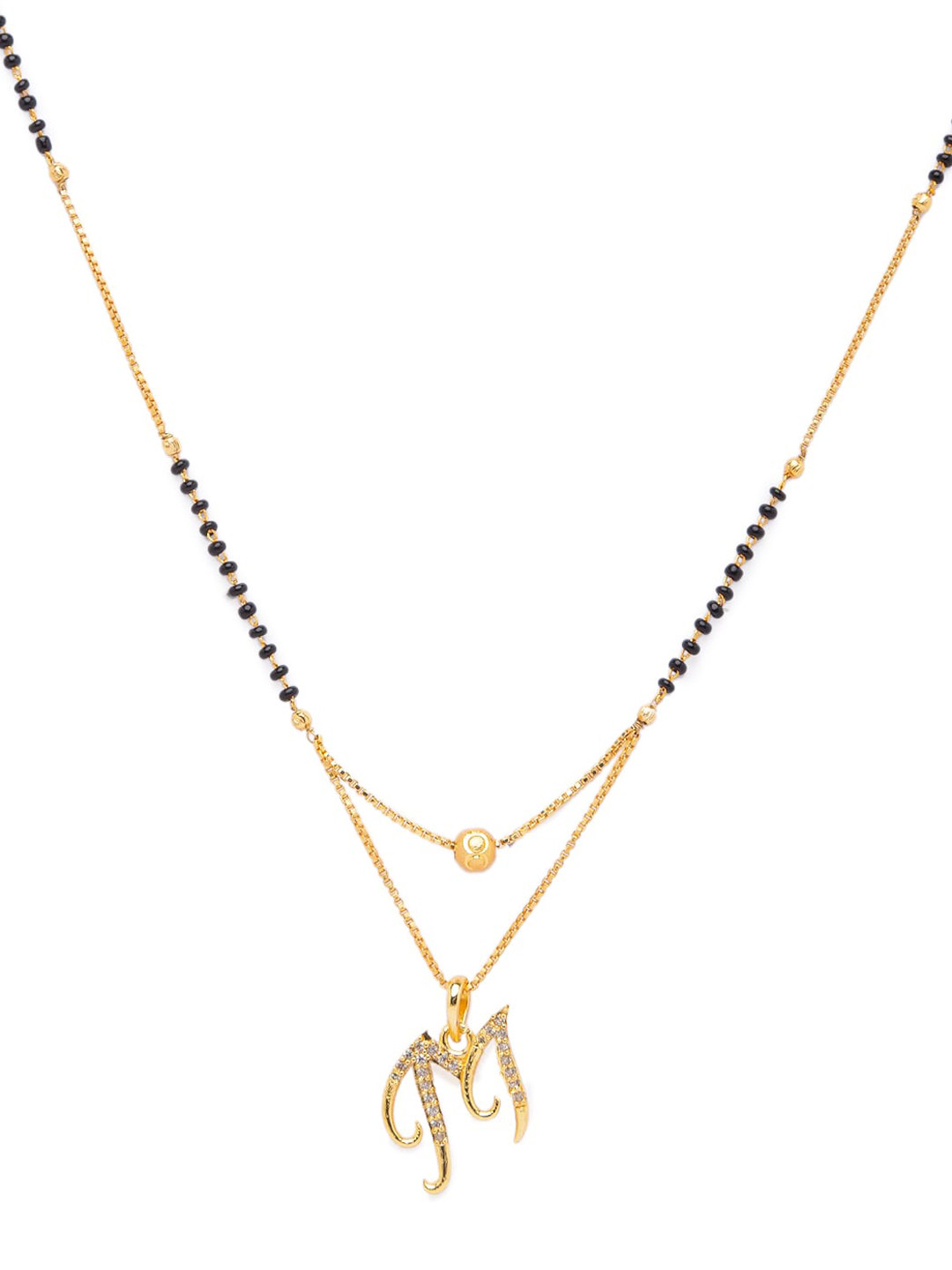 Digital Dress Room Gold-Plated White Stone-Studded & Black Beaded, Alphabet M Letter Mangalsutra
