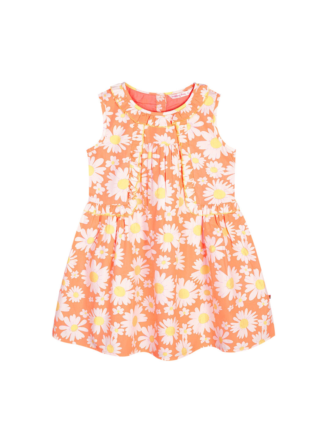 Budding Bees Girls Peach-Coloured Cotton Floral Print A-Line Dress