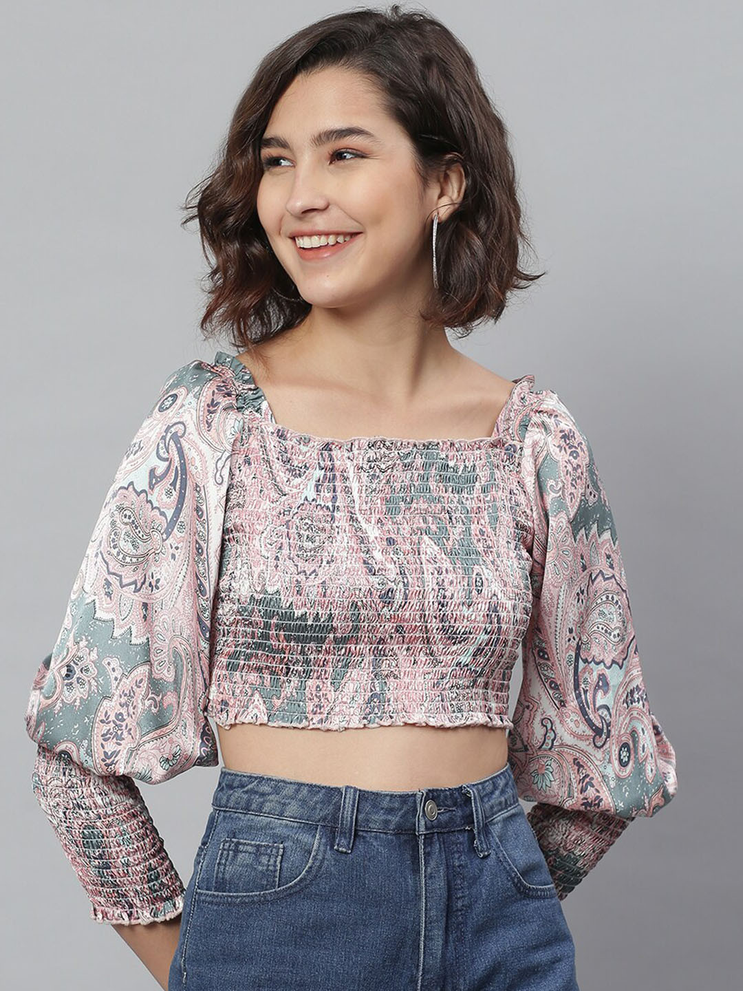 KASSUALLY Pastel Pink Printed Puff Sleeves Smocked Fitted Crop Top