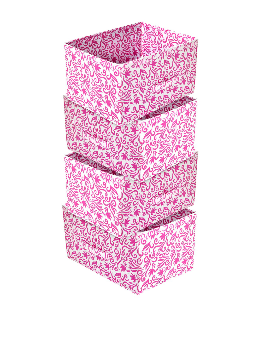 Kuber Industries Set Of 4 Pink & White Leaf Printed Closet Organizer Box With Handle