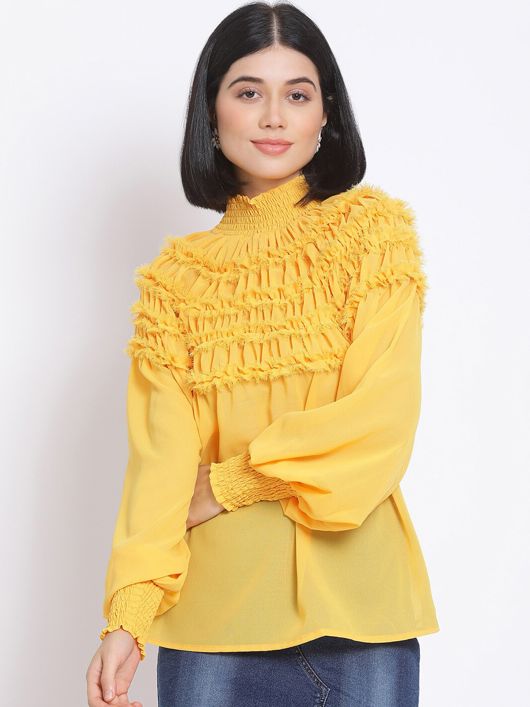 Oxolloxo Yellow Puff Sleeves Smocked Regular Top
