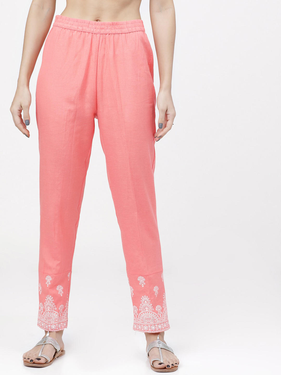 Vishudh Women Coral Pink Pure Cotton Slim Fit Solid Regular Trousers