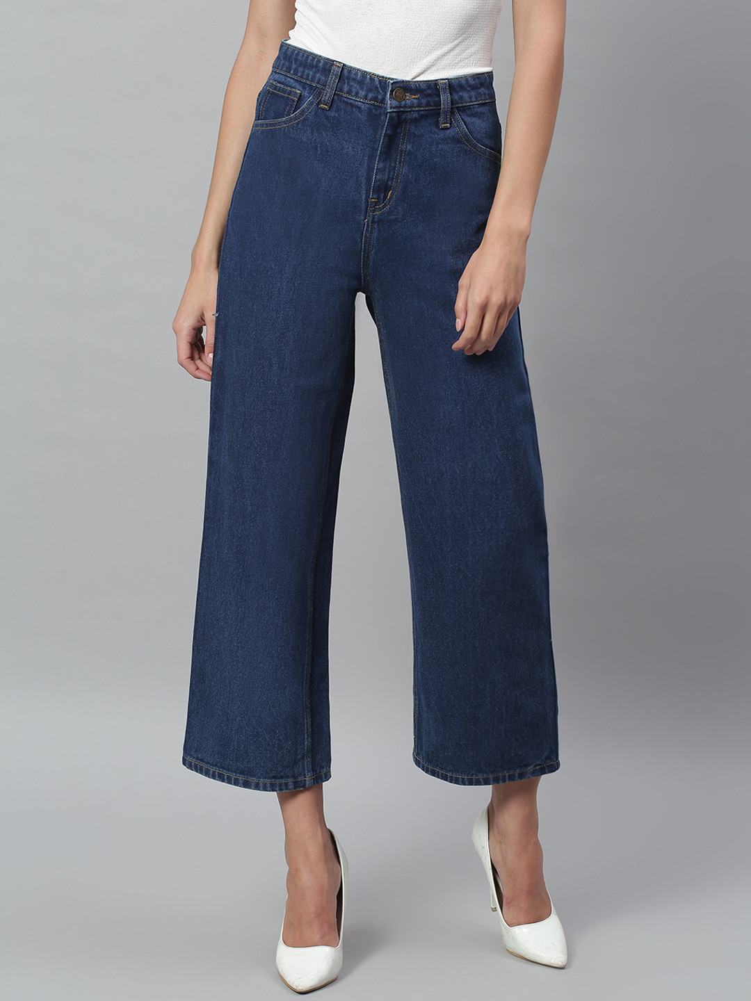 Kotty Women Blue Solid Cotton High Rise Crop Flared Jeans