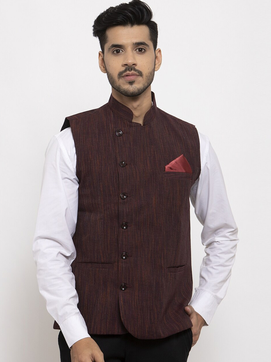 KLOTTHE Men Burgundy Woven Design Pure Cotton Nehru Jacket