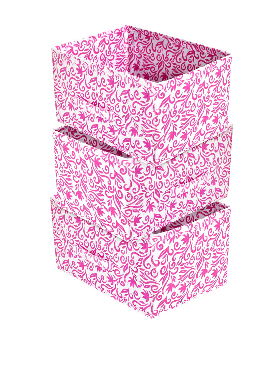 Kuber Industries Set of 3 Pink & White Leaf Print Non Woven Fabric Modular Closet Organizer Box with Handle