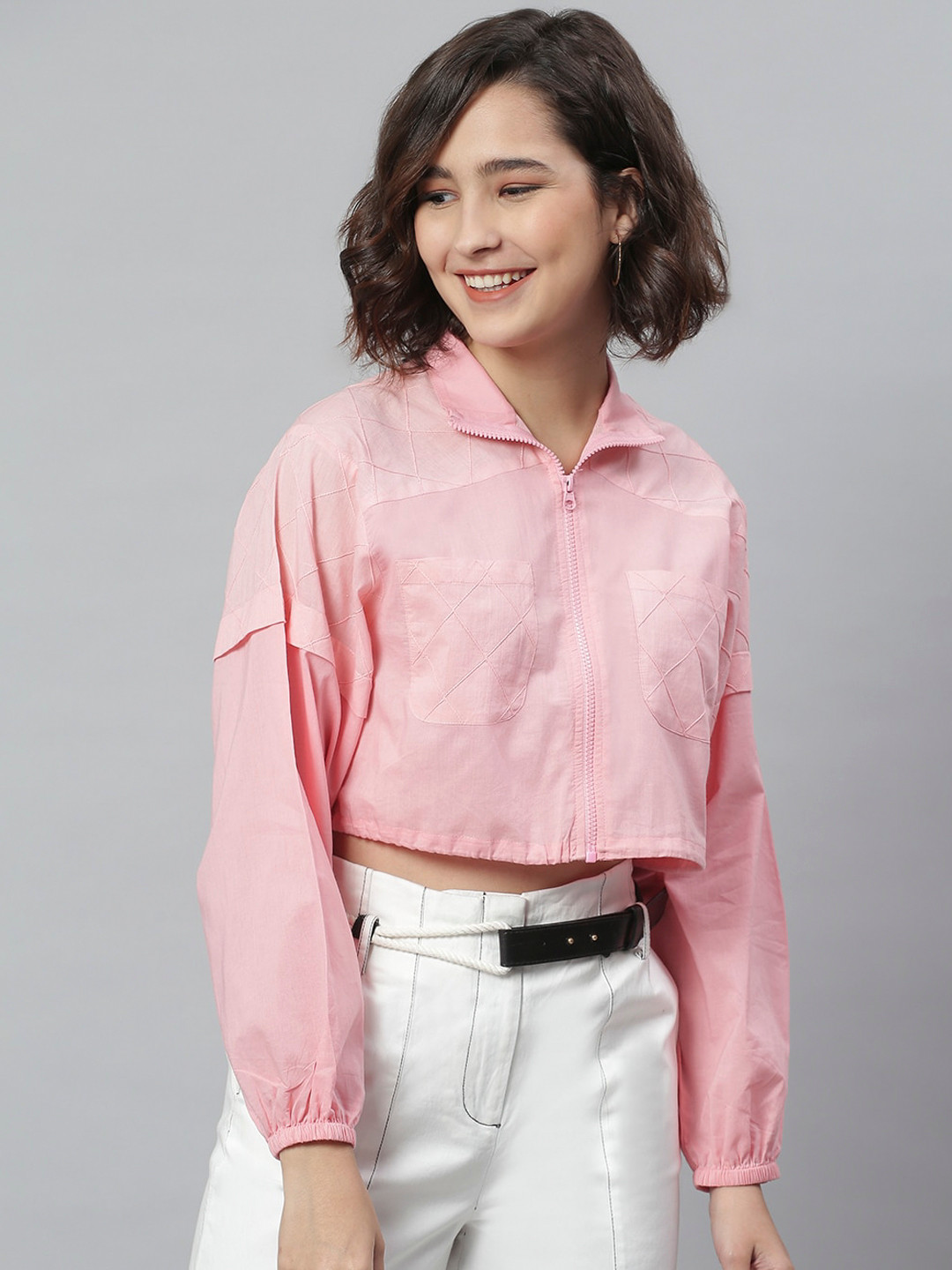 KASSUALLY Pink Shirt Style Crop Top
