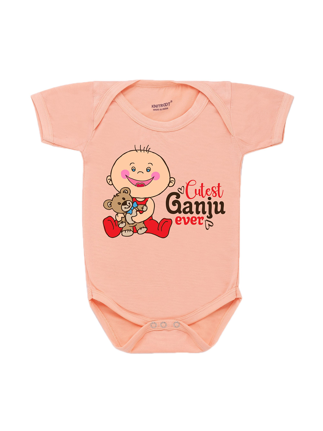 KNITROOT Infant Kids Peach-Colored & Red Cutest Ganju Ever Printed Bodysuit