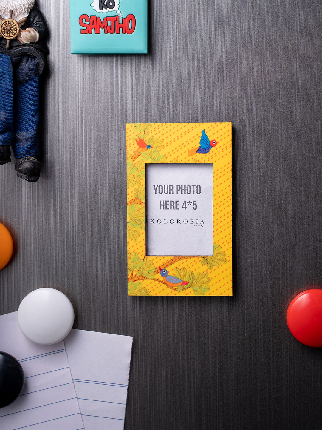 KOLOROBIA Yellow & Orange Printed Gond Art Photoframe Magnet