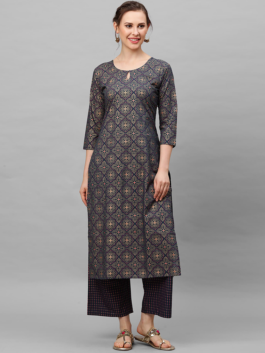 Indo Era Women Navy Blue Printed Regular Straight Keyhole Neck Pure Cotton Kurta Set