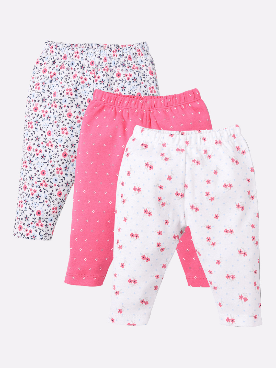 BABY GO Infants Pack Of 3 Pink, White & Blue Printed 100 % Cotton Lounge Pants