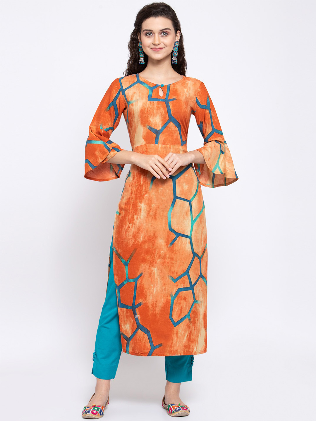 Indibelle Women Peach-Coloured Printed Flared Sleeves Kurta