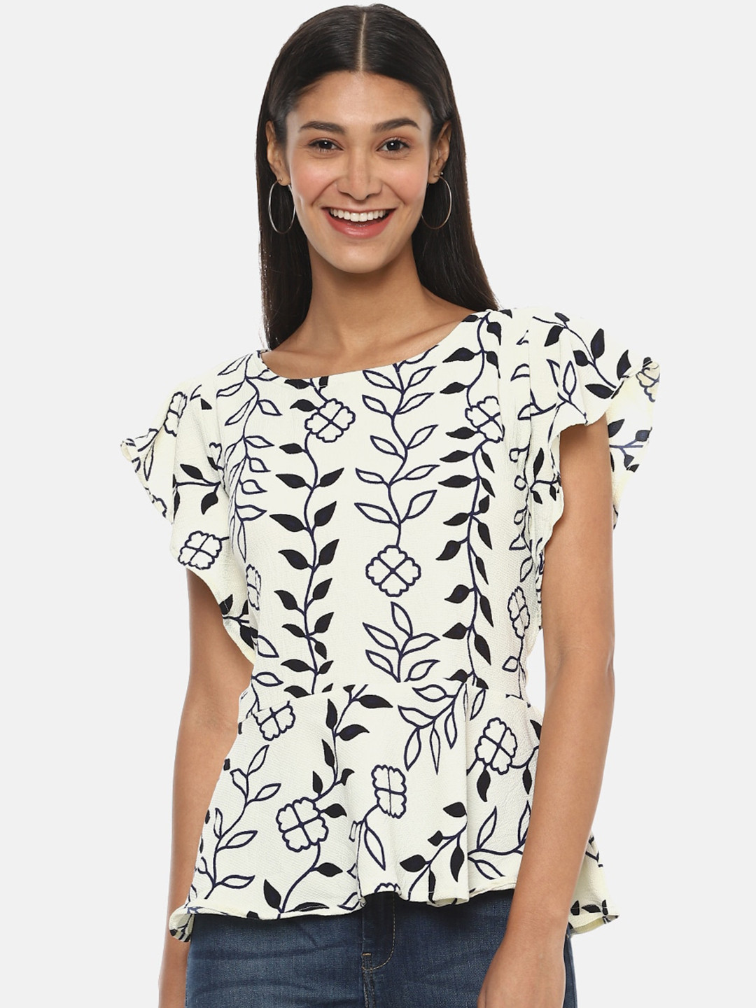 Campus Sutra Off White Floral Peplum Top