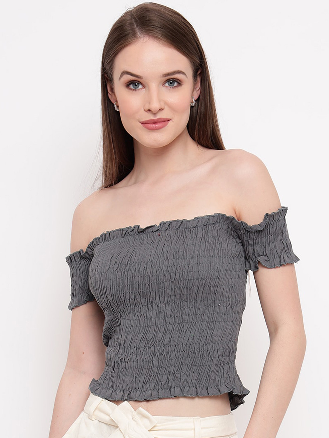 Aawari Grey Off-Shoulder Bardot Crop Top