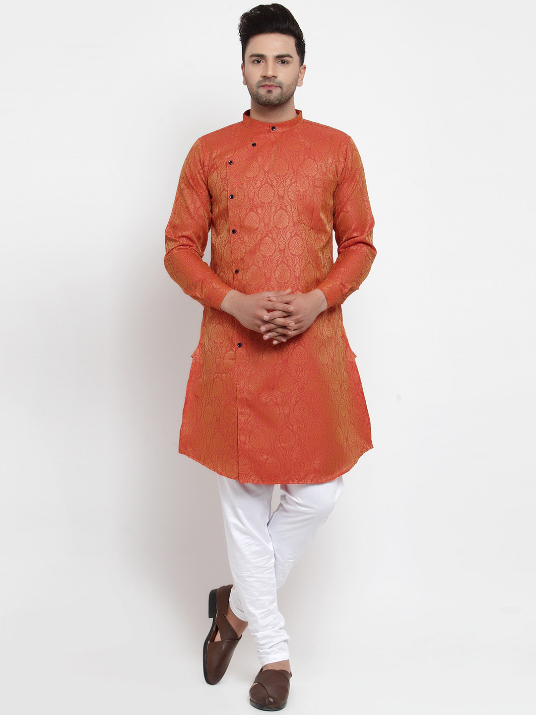 KLOTTHE Men Orange & White Woven Design Viscose Rayon Kurta with Churidar Pyjamas