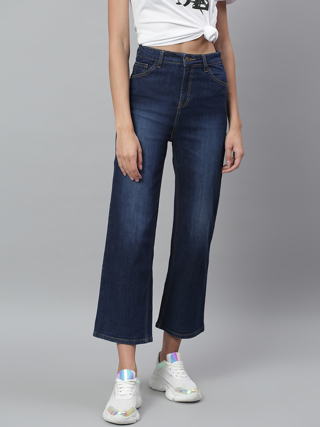 Kotty Women Navy Blue Light Fade Clean Look Flared Jeans