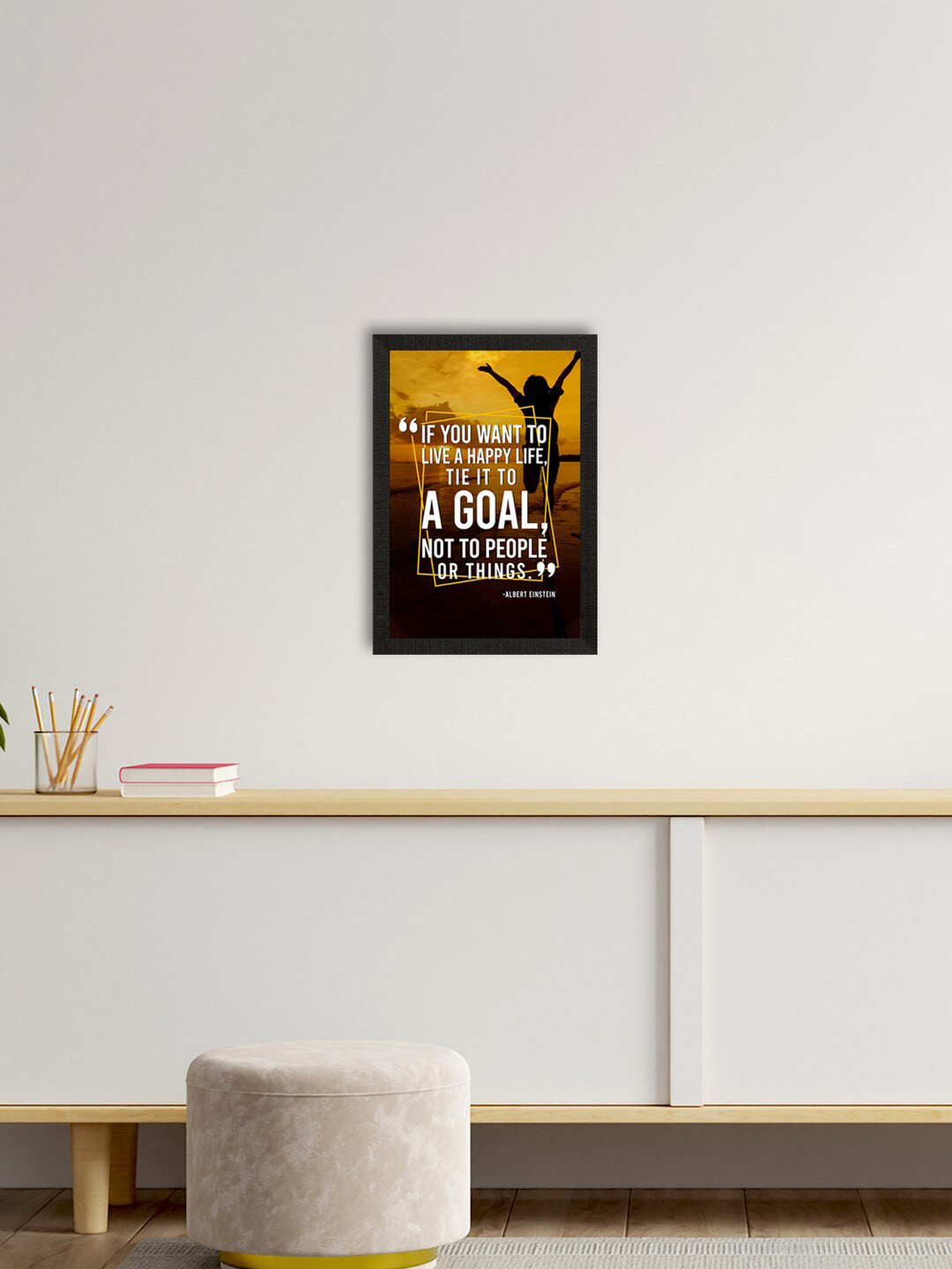 eCraftIndia Mustard Yellow & Black If You Want To Live A Happy Life Tie It To A GOAL Satin Matt Texture UV Art Painting