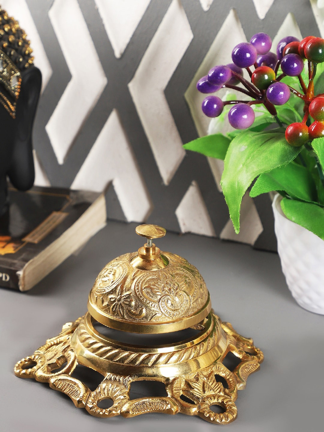 EXIM DECOR Table Bell Gold Brass Metallic Living Room Tiny Showpiece - 3.5 Inches
