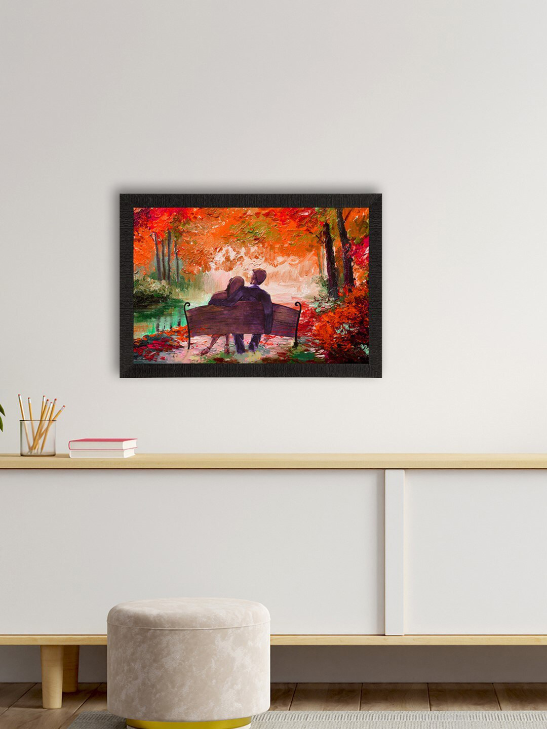 eCraftIndia Red & Black Romantic Couple Sitting on Bench Love Theme Satin Matt Texture UV Art Painting