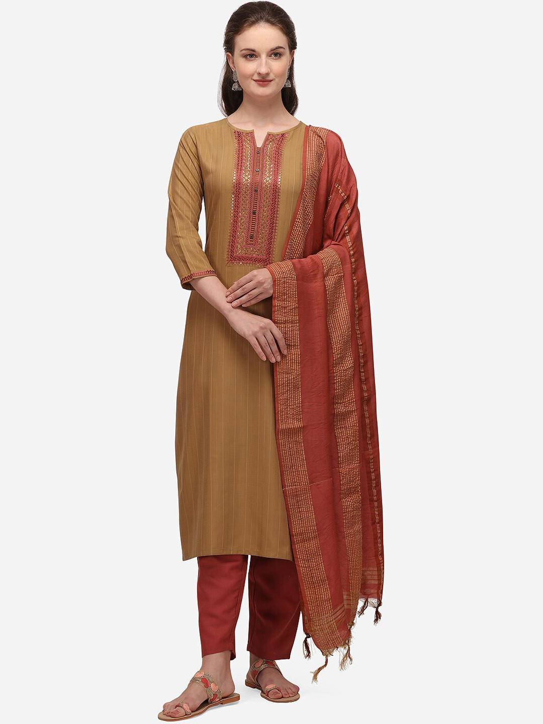 SheWill Women Beige & Maroon Yoke Design Kurta with Trousers & Dupatta