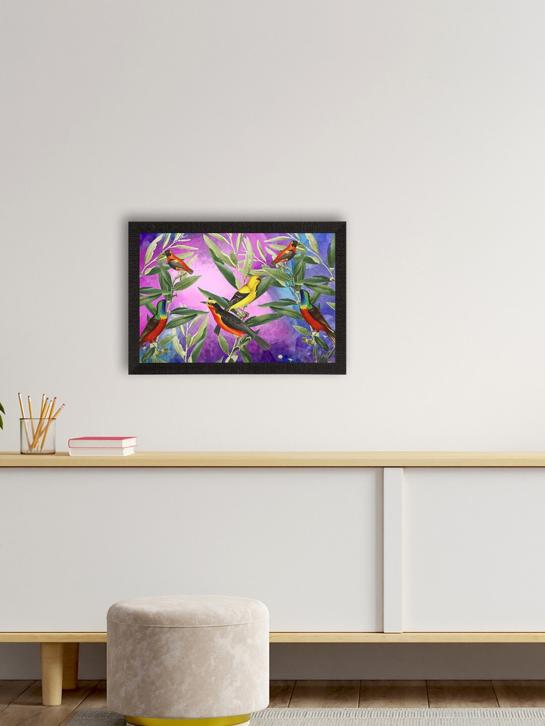 eCraftIndia Purple & Green Colorful Birds Sitting On Tree Branch Satin Matte Wall Art