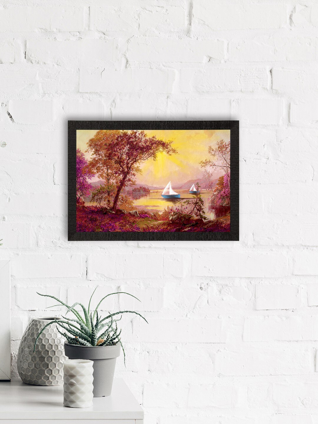 eCraftIndia Yellow & Brown Boats Under River Scenic View Satin Matt Texture UV Art Painting