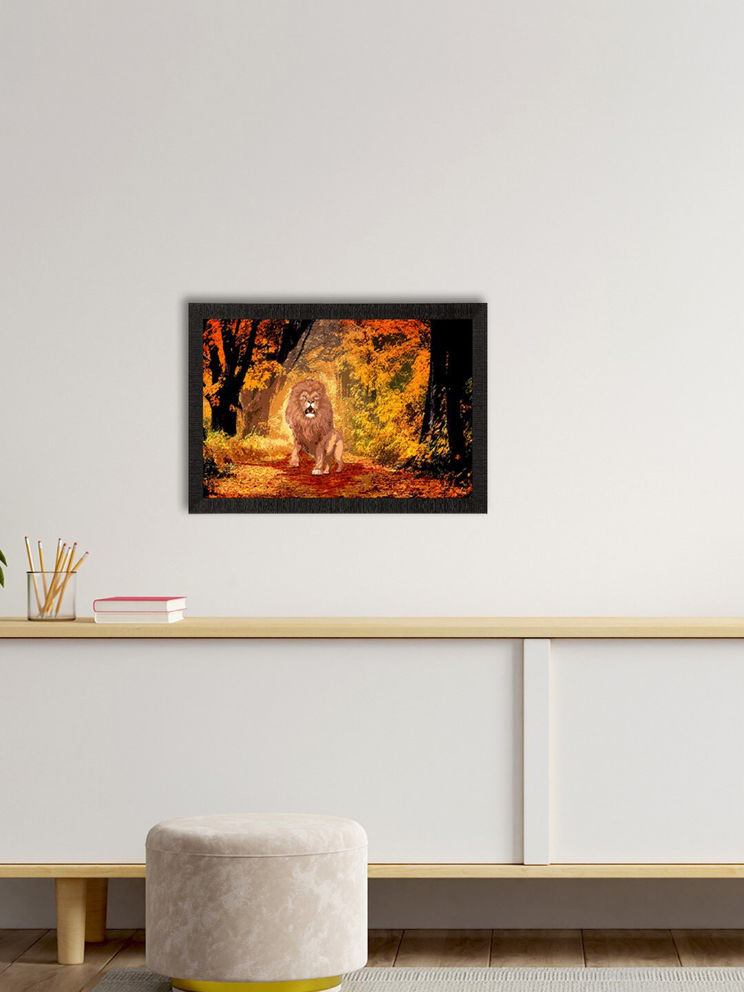eCraftIndia Orange & Black Roaring Lion In Autumn Season Satin Matt Texture UV Wall Art