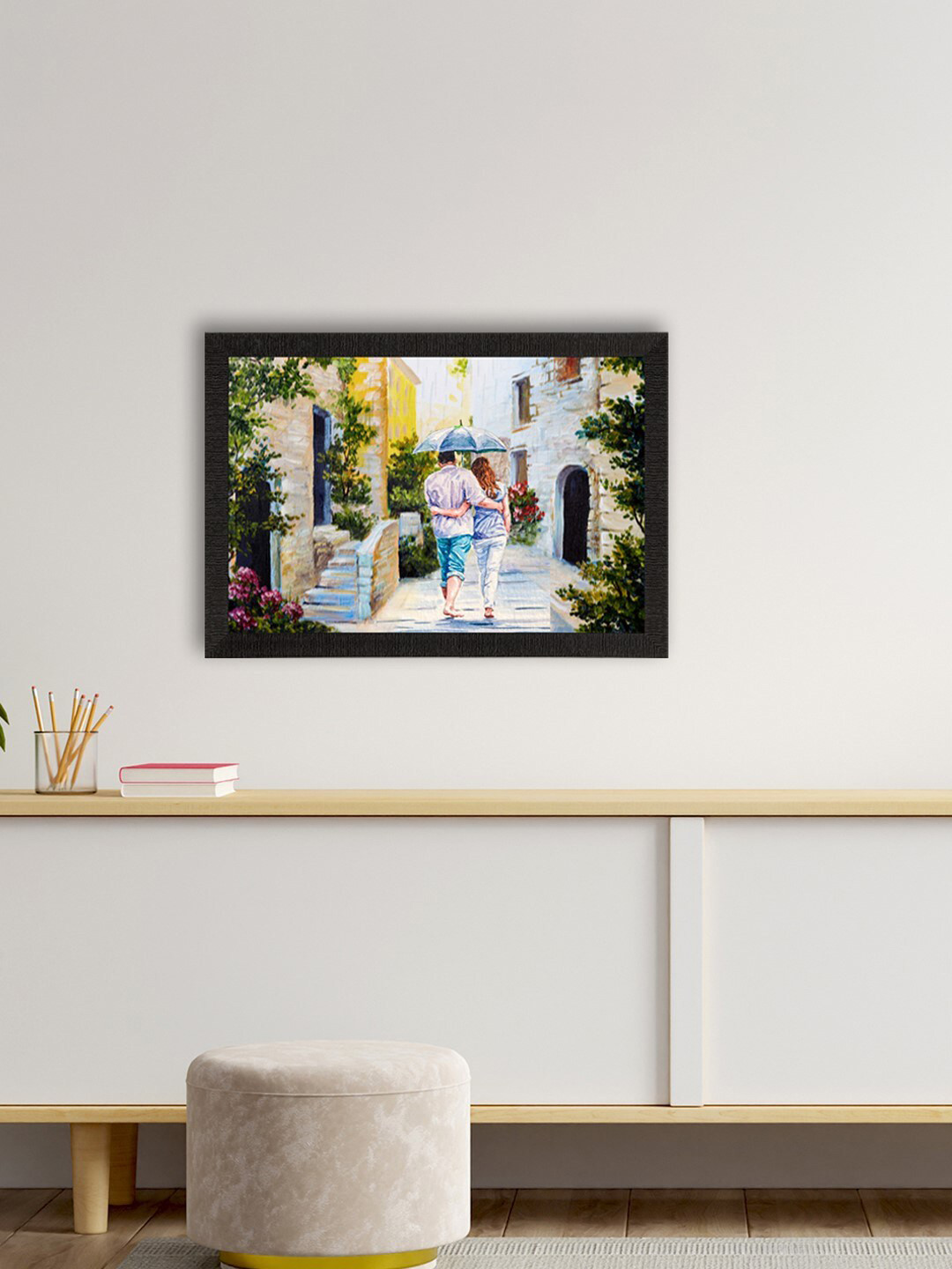 eCraftIndia Beige & Green Romantic Couple Walking Wit Umbrella Valentine Theme Satin Matt Textured UV Art Painting