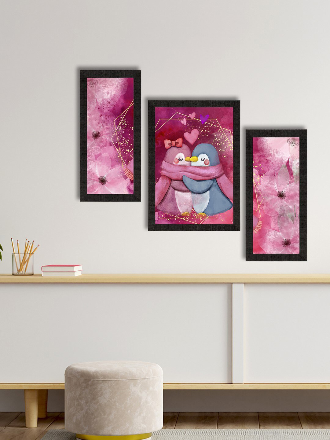 eCraftIndia Set of 3 Pink & Grey Romantic Penguin Couple Satin Matt Texture UV Art Painting