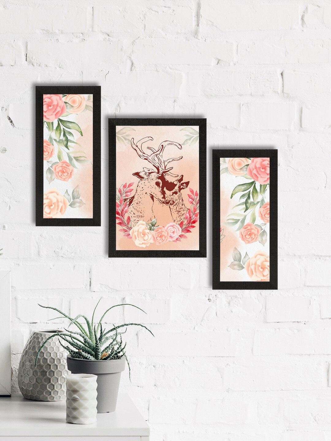 eCraftIndia Set of 3 Peach-Coloured & Green Loving Deer Couple Satin Matt Texture UV Art Painting