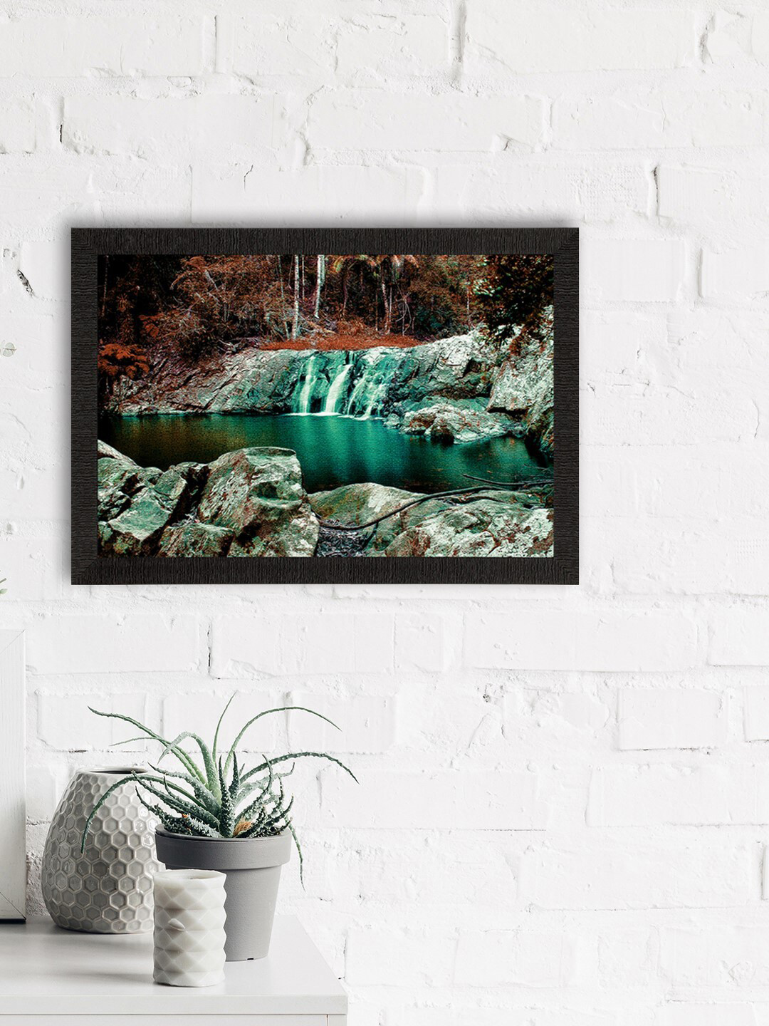 eCraftIndia Green & Brown Beautiful Scenic Waterfall View Satin Matt Texture UV Art Painting