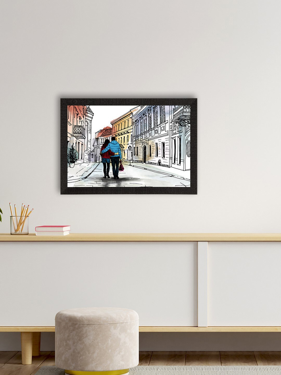 eCraftIndia White & Black Romantic Couple Walking on Streets Valentine Theme Satin Matt Texture UV Art Painting