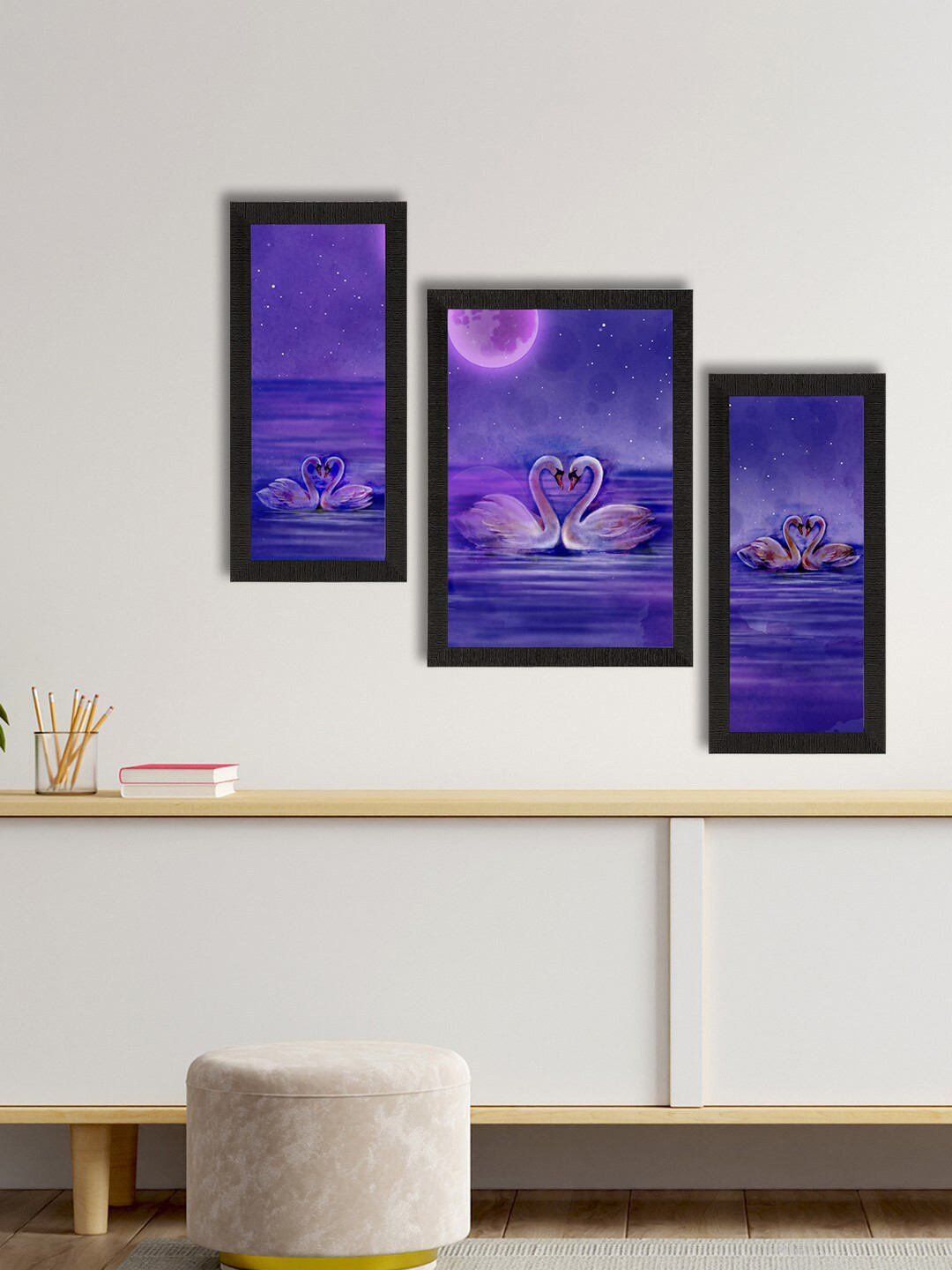 eCraftIndia Set of 3 Purple & Black Loving Swan Couple Satin Matt Texture UV Art Painting