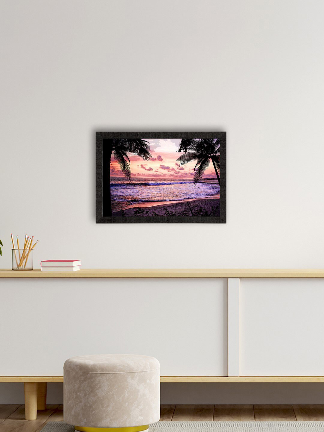 eCraftIndia Purple & Black Delightful Sea View Between Trees Satin Matte Wall Art