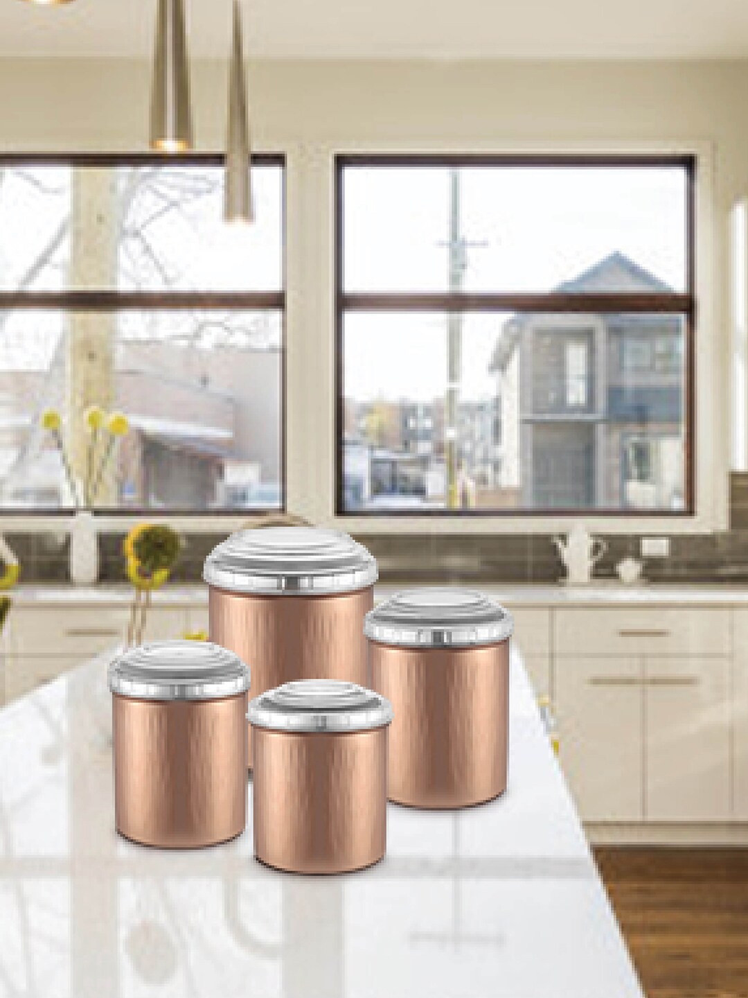 Jensons Set of 4 Copper-Toned Solid Stainless Steel Canisters With Lid