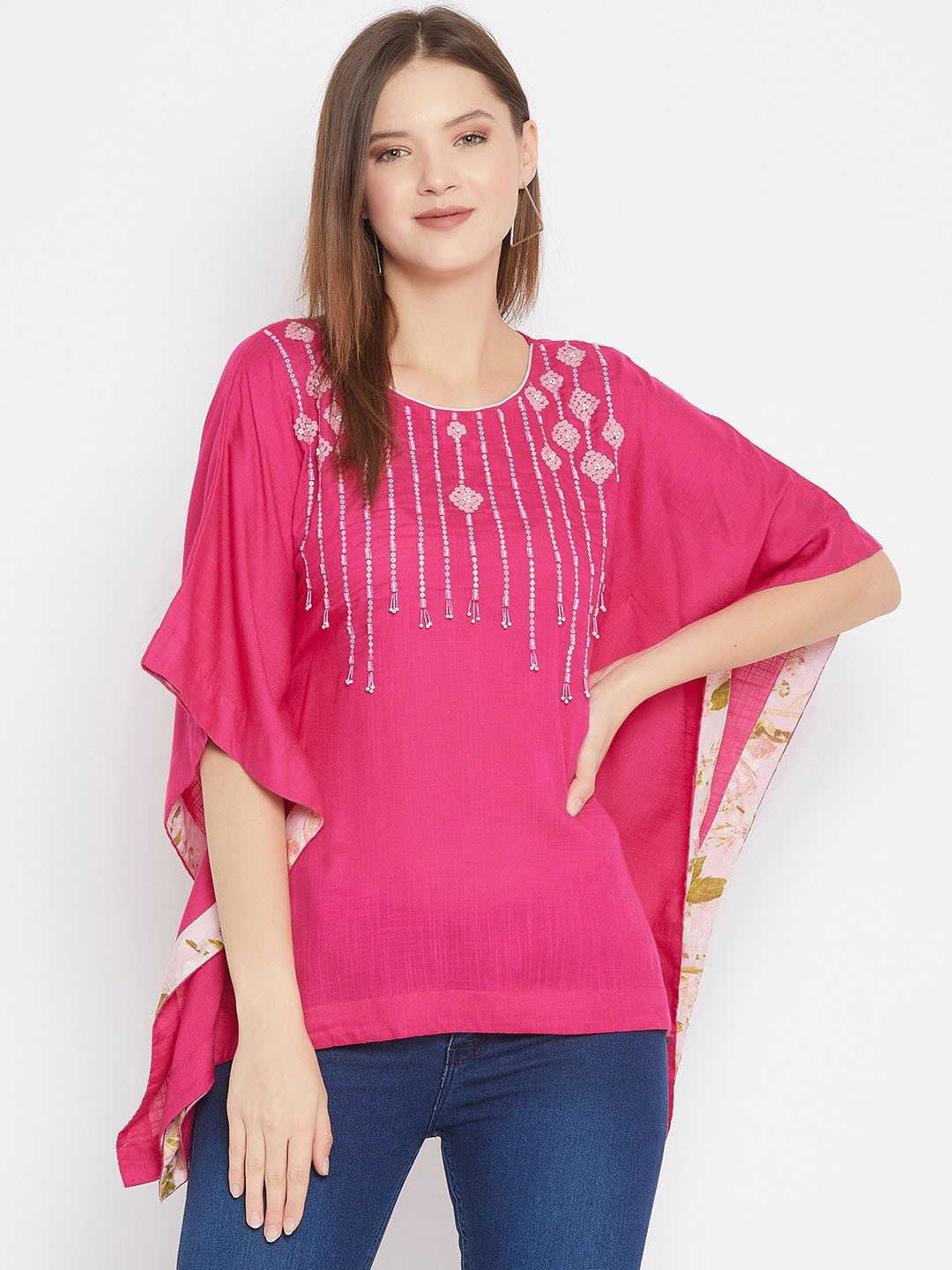 The Kaftan Company Pink Geometric Hand Embroidered Kaftan Top