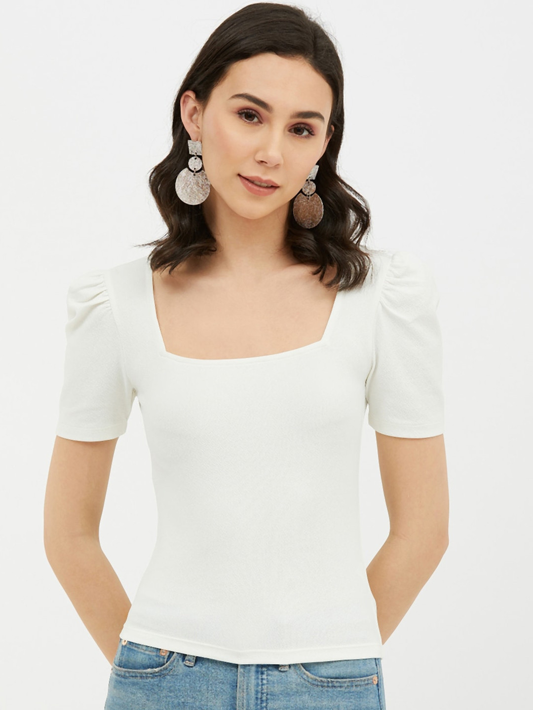 Harpa White Puff Sleeves Fitted Top