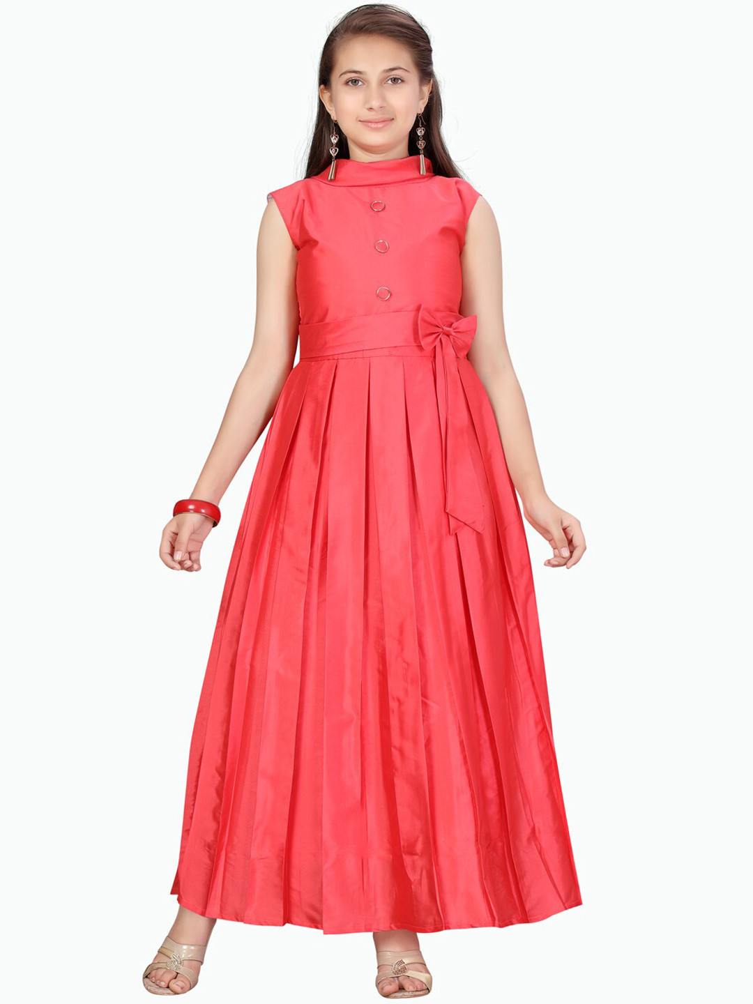 Aarika Girls Red Solid Pleated Maxi Dress