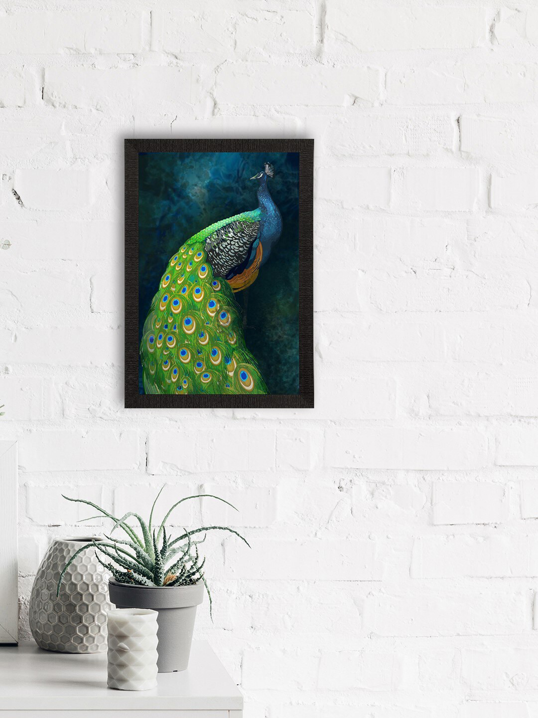 eCraftIndia Peacock Printed UV Art Portrait Rectangle Paintings Wall Art-14 x 10In