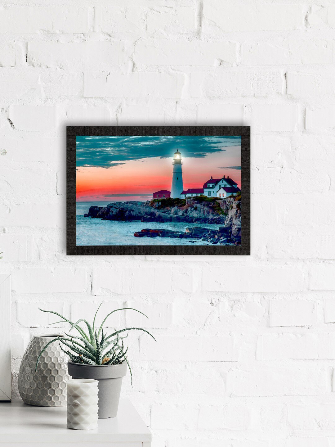 eCraftIndia Seaside Lighthouse Scenic View Synthetic Wood Rectangle Paintings Wall Art