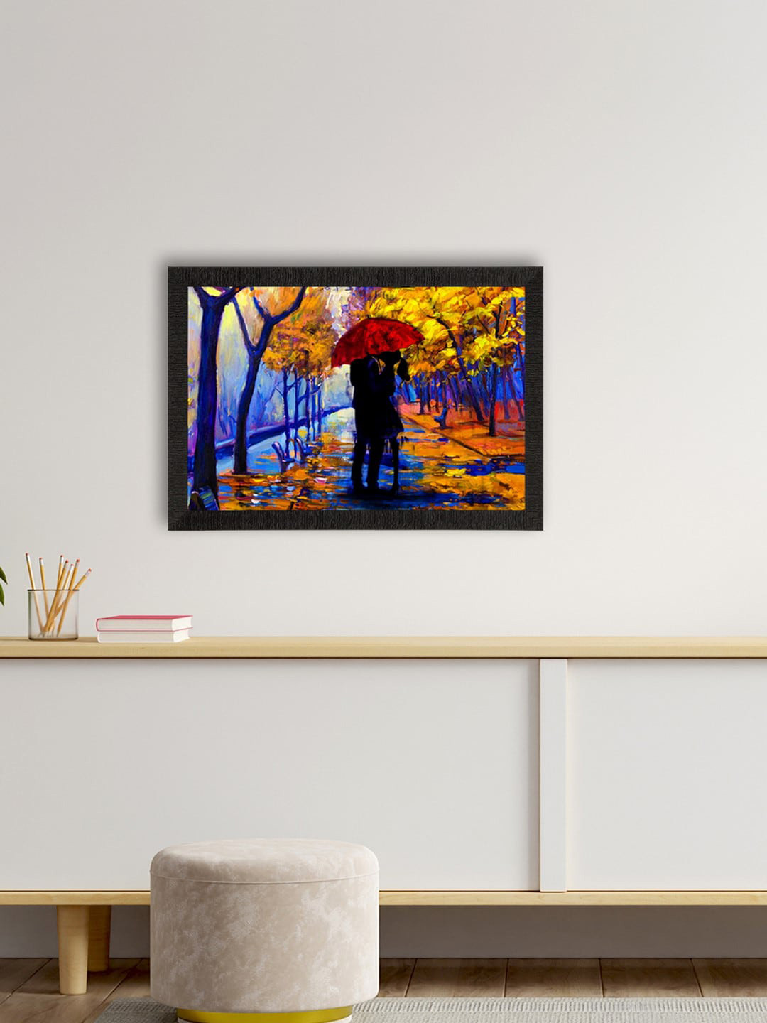 eCraftIndia Red & Blue Romantic Couple Under Umbrella Love Theme Satin Matt Texture UV Art Painting