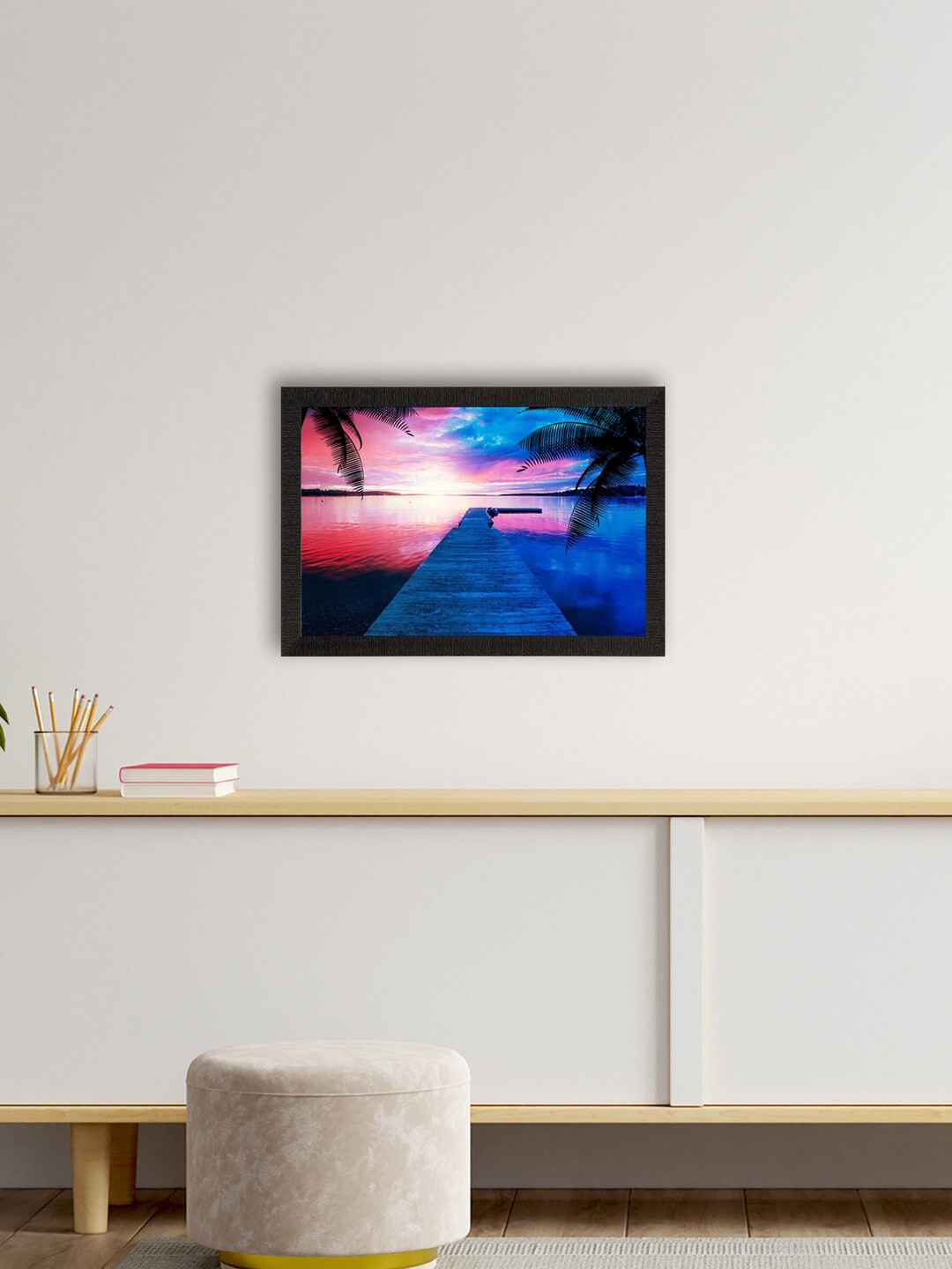 eCraftIndia Blue & Pink Beach View Satin Matte Wall Art