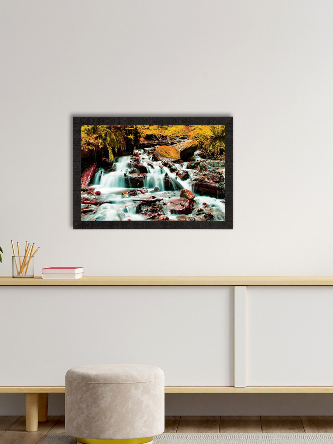 eCraftIndia White & Green Beautiful Scenic Waterfall View Satin Matt Texture UV Art Painting