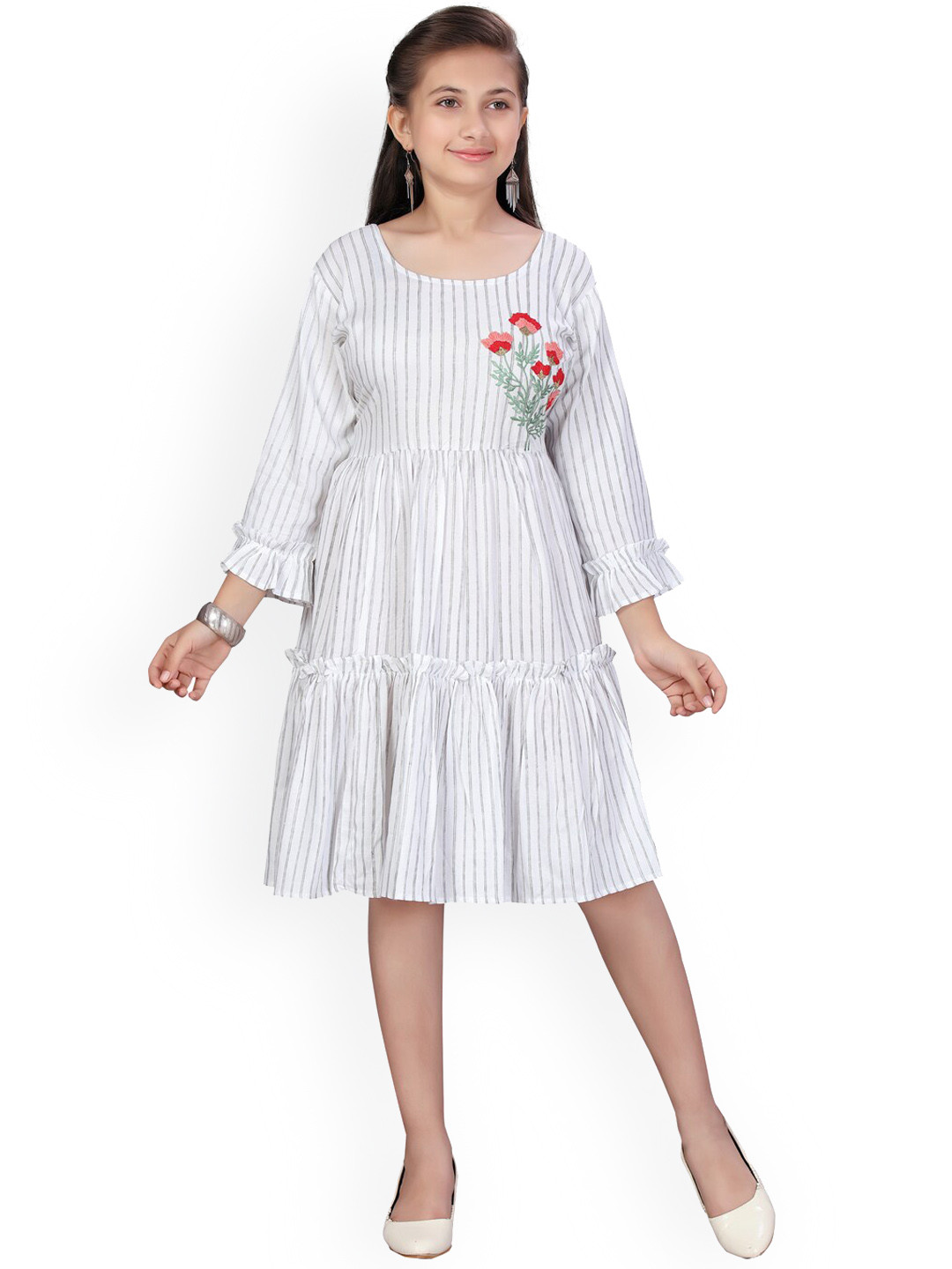 Aarika Girls White & Grey Tiered Striped A-Line Dress
