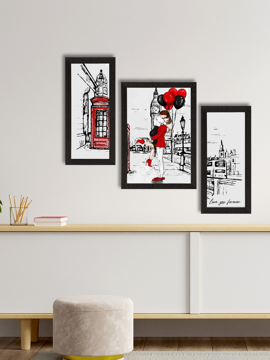eCraftIndia Set Of 3 White & Black Kissing Couple Satin Matt Texture UV Art Painting