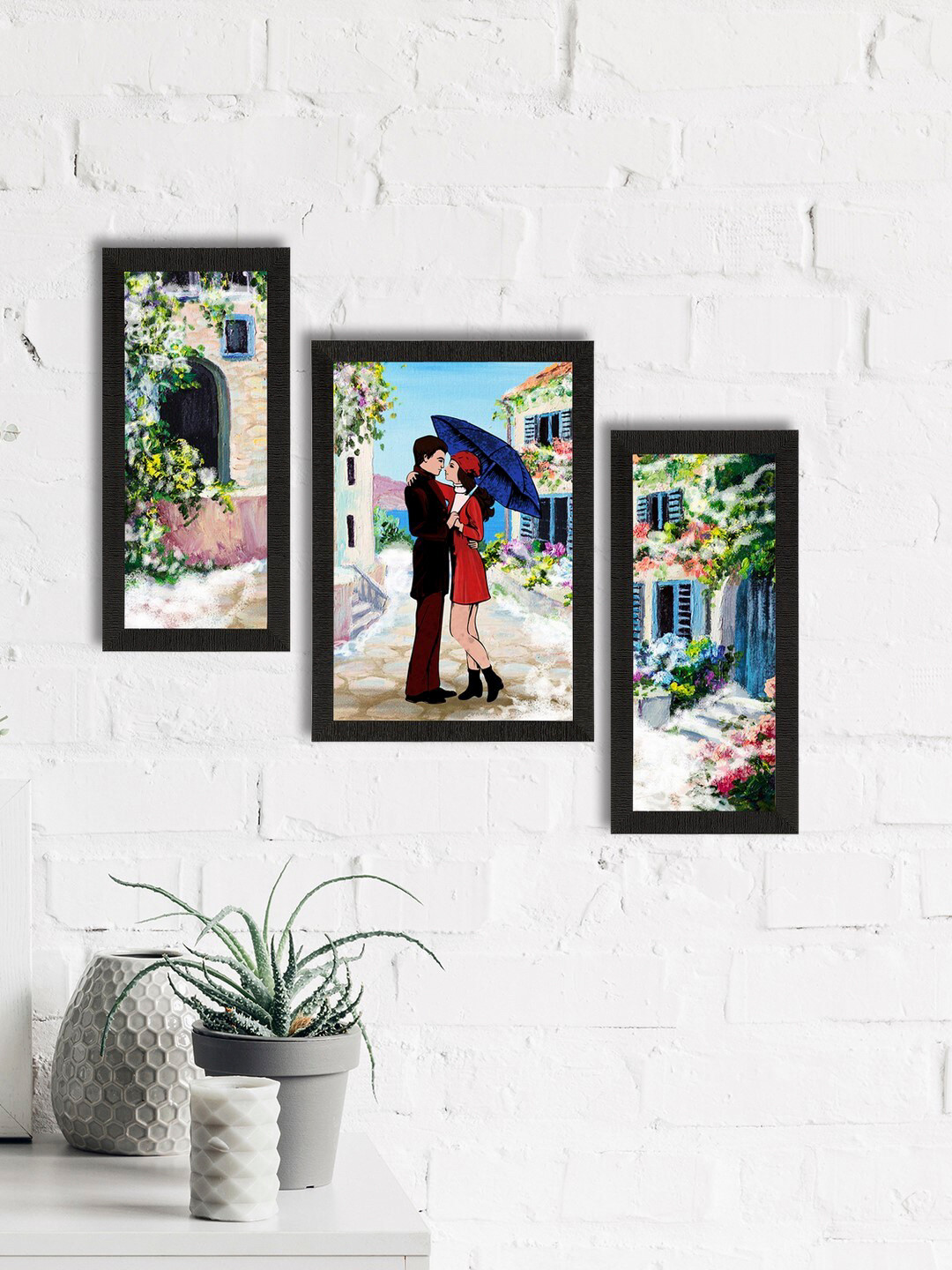 eCraftIndia Set Of 3 Blue & Pink Loving Couple Satin Matt Texture UV Art Paintings