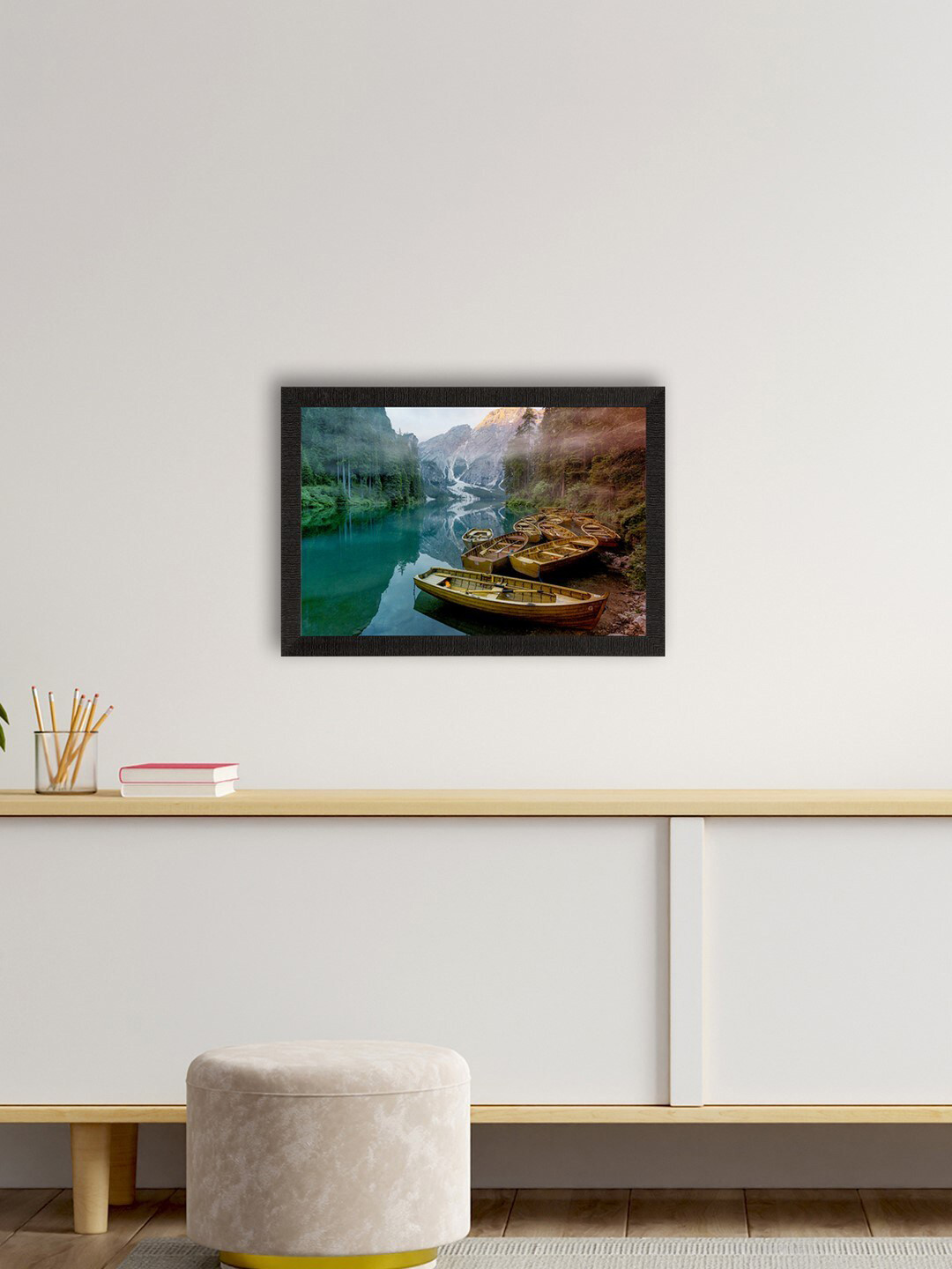 eCraftIndia Brown & Green Splendid River Between Mountains View Satin Matt Texture UV Art Painting