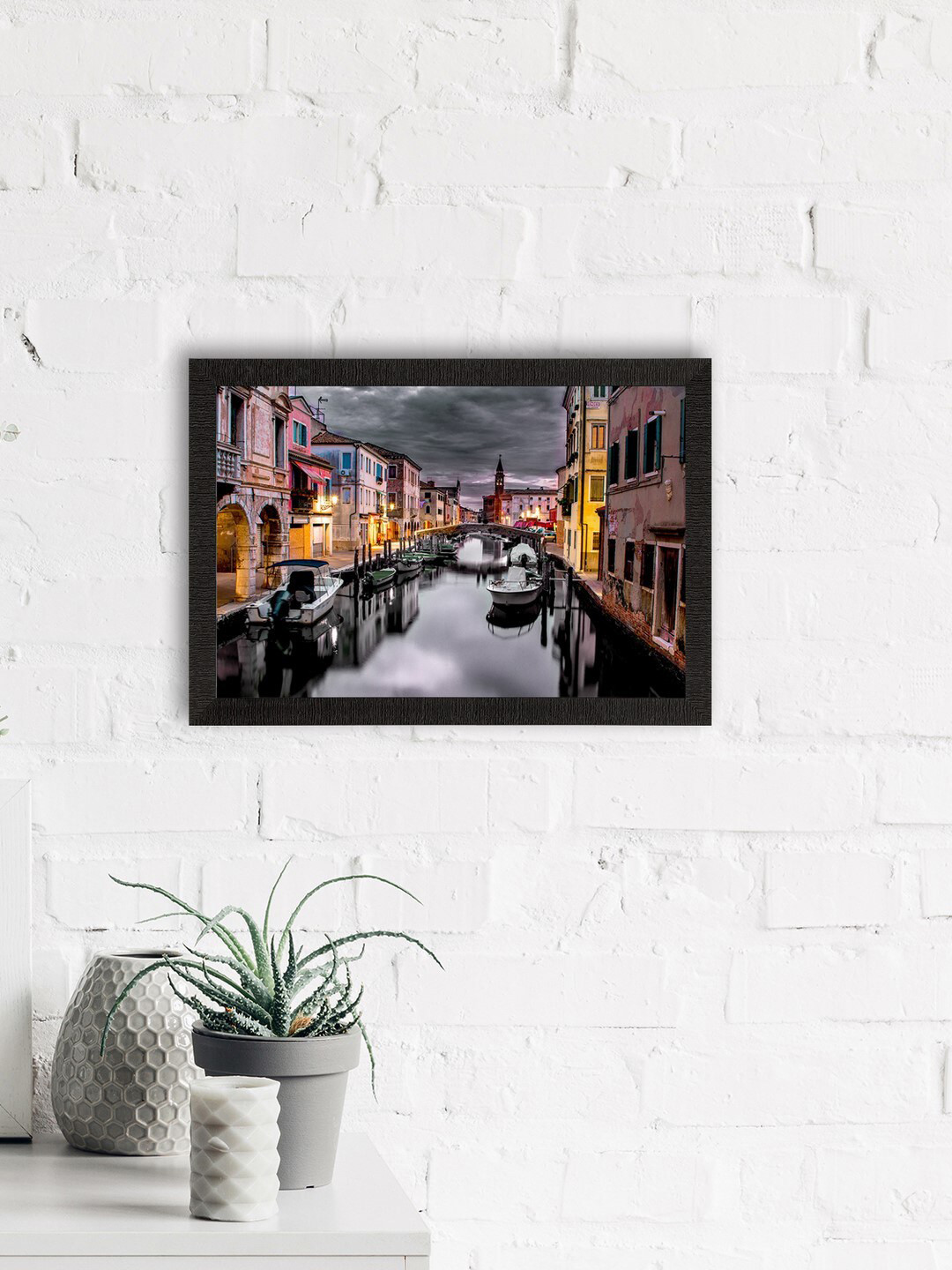 eCraftIndia Grey & Black Beautiful Canal City View Wall Art